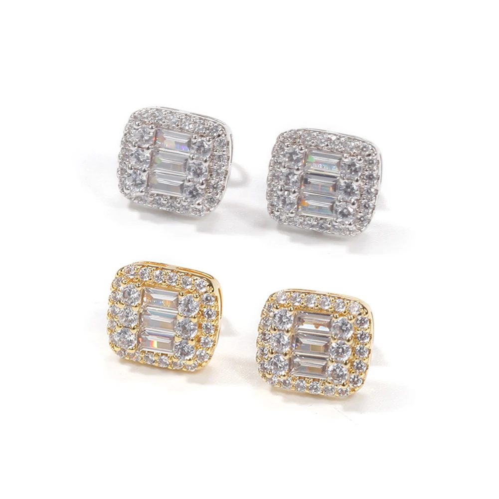

Men Earrings Men's Iced Hip Hop Square Designer Baguette Diamond Stud Earrings with Screw Back, Gold/silver