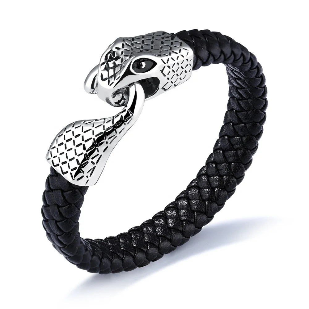 

Vintage Style Steel Cowhide Animal Head Jewelry Leather Men Black Snake Bracelet, Black, customized plated color