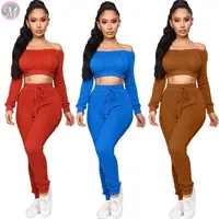 

9091030 wholesale new solid off shoulder knitted sweater women outfits pants suit two piece set women clothing