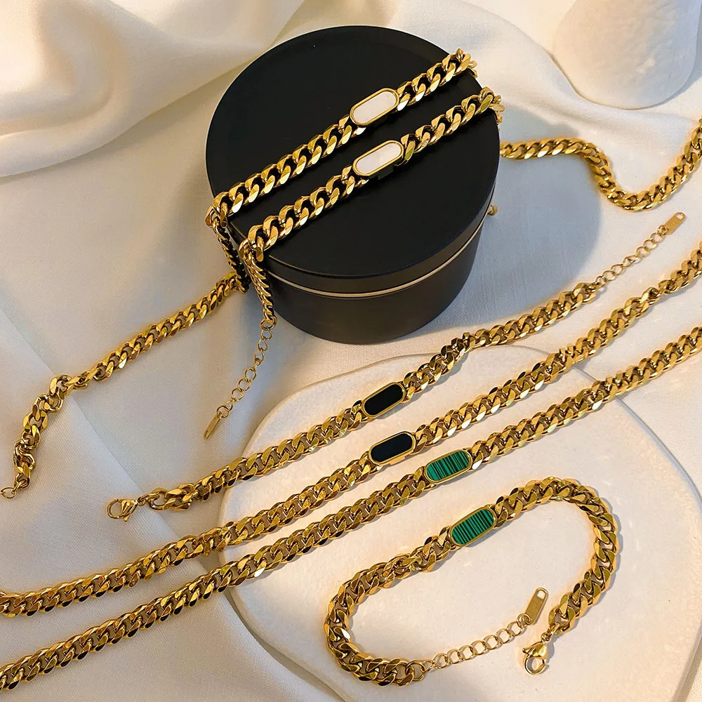 

Best Quality 18K Real Gold Plated Titanium Steel Geometric Opal Cuban Chain Necklaces Natural Shell Cuban Link Chain Necklaces