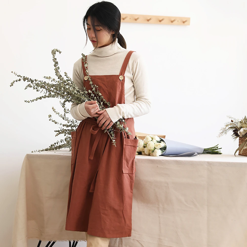 

NEW High Quality cotton linen beauty flower dress apron with buttons, White/red/grey