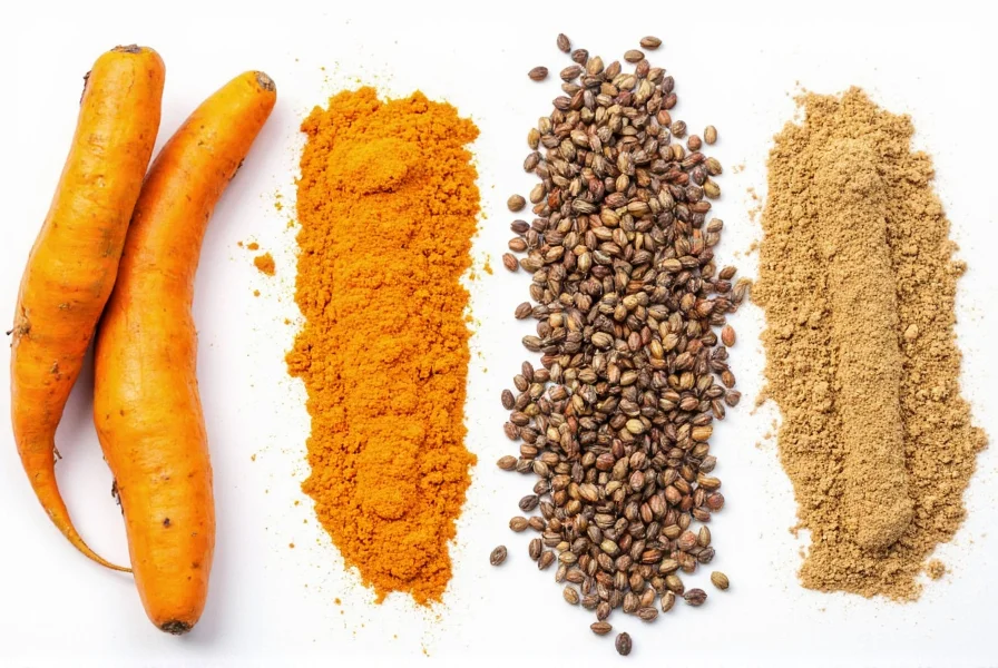 Side-by-side comparison of fresh turmeric rhizome, turmeric powder, cumin seeds, and cumin powder showing color and texture differences