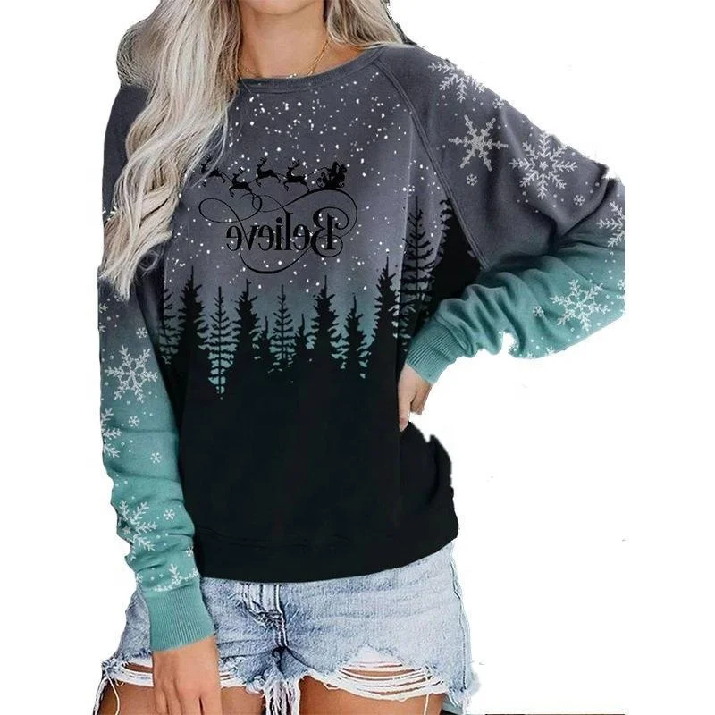 

Autumn and winter new Christmas European and American women's clothing Printed bat sleeve crew neck casual sweater