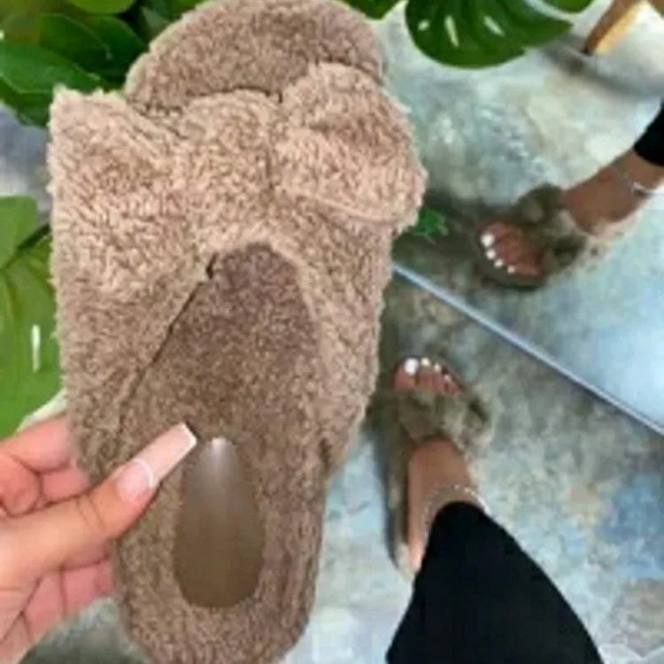 

Winter Warm Fur Slippers Women 2021 New Fashion Women Flats Casual Shoes Lady Slides Footwear Fluffy Bow Shoes Slip On Sandals