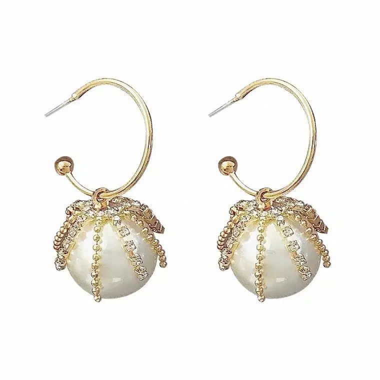 

New Arrival Fashion Korean Crystal Rhinestone Tassel Pearl Earrings Gold Plated C Hoop Pearl Drop Earring For Girls, Gold;silver