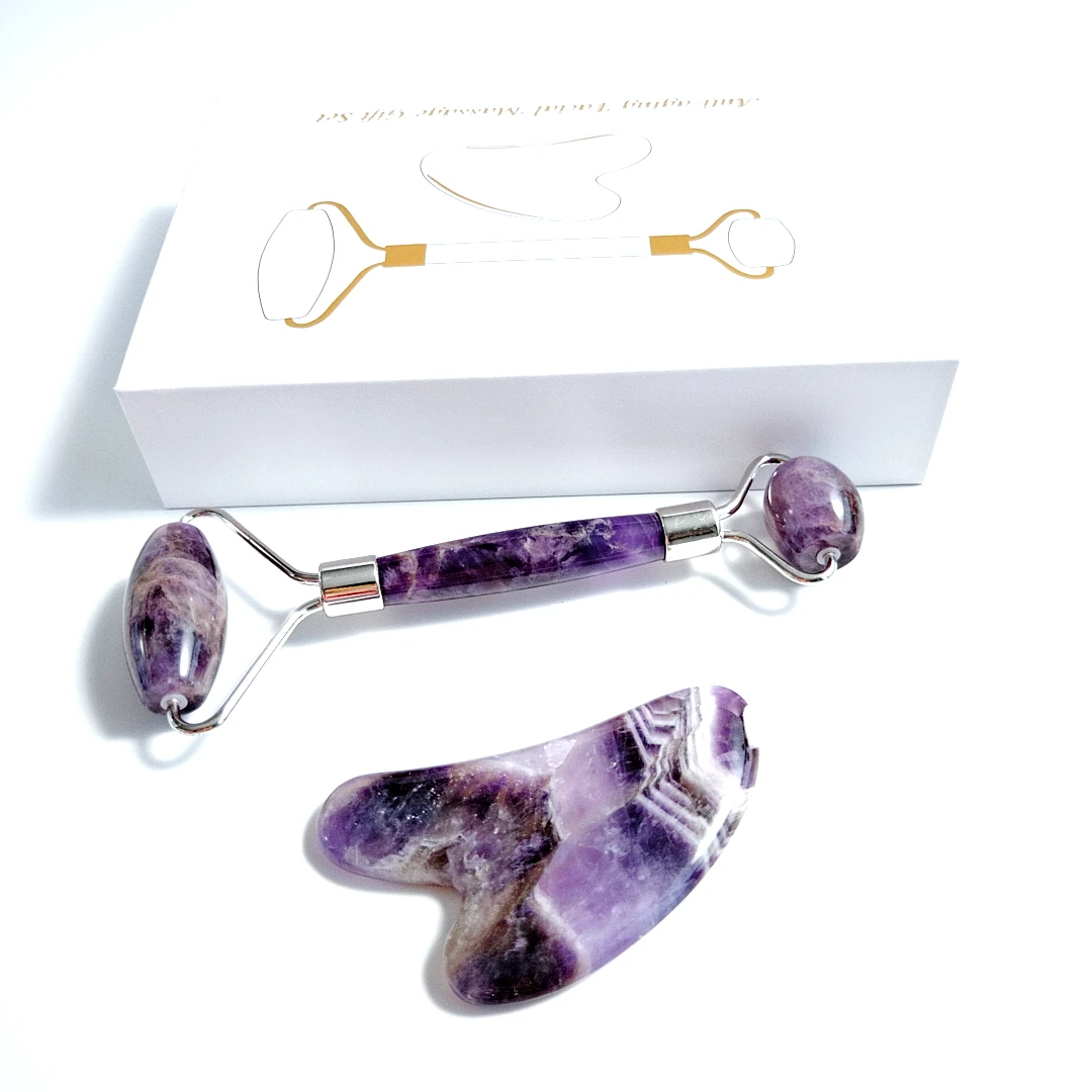 

Handmade scraping massage amethyst guasha stone and jade roller spa acupuncture therapy, Purple roller gua sha set