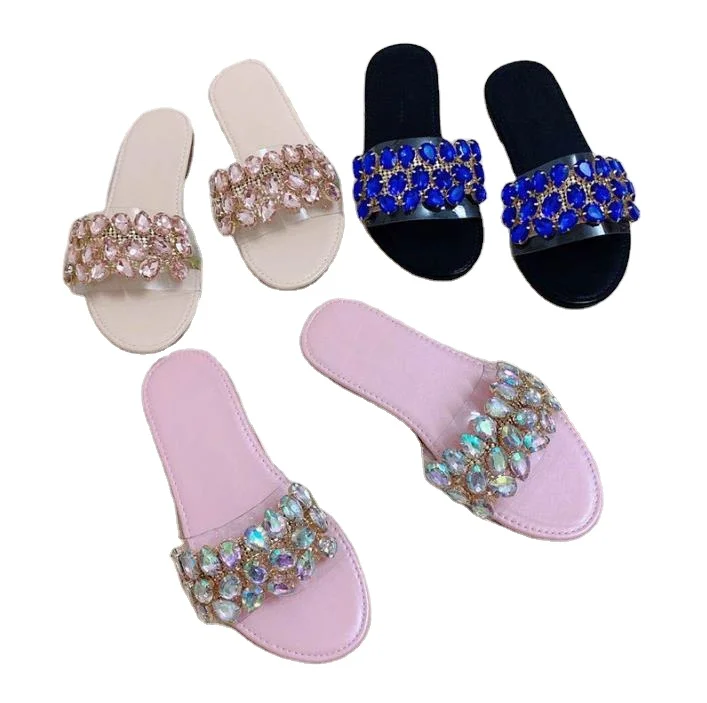

Wholesale drop shipping summer flat rhinestone slippers for women ladies female