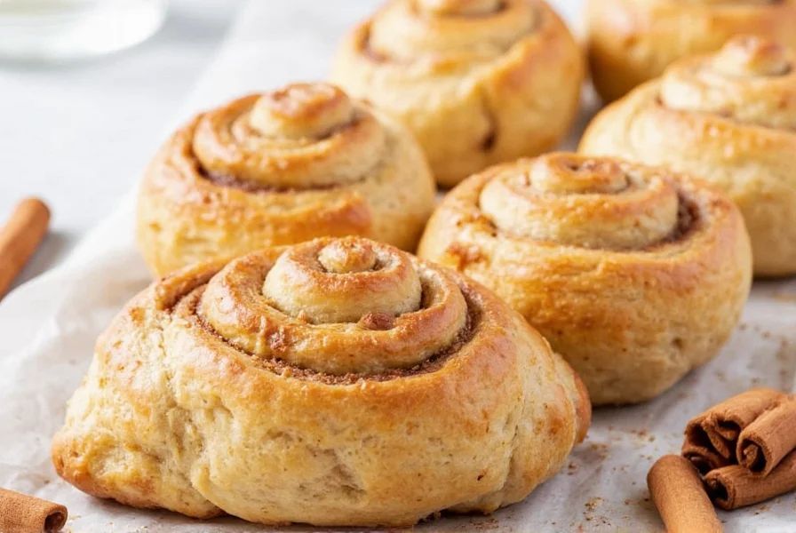 Perfectly risen yeast cinnamon scrolls showing distinct layers and golden crust