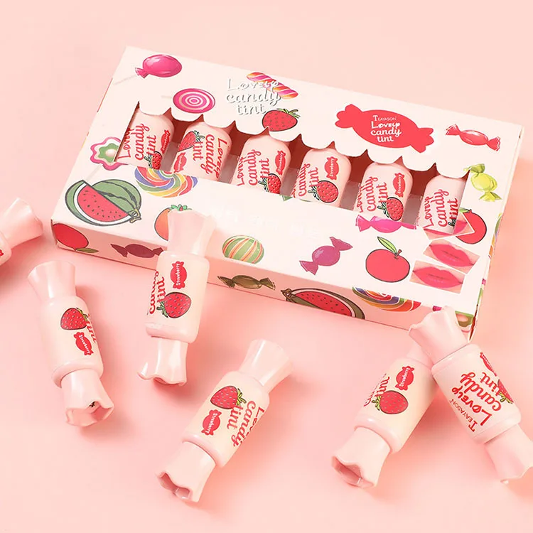 

6 pcs Strawberry candy lipstick set box moisturizing lip dye mirror lip glaze set