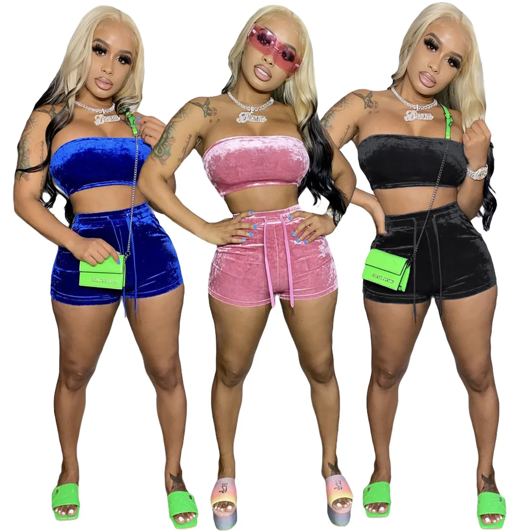 

Hot Selling Summer 2021 Tube Top And Shorts Set Velvet 2 Piece Set Shorts Women Clothing