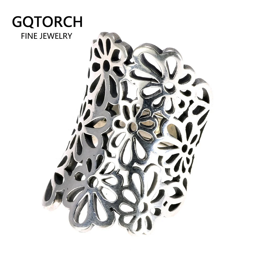 

Personalized Hollow Flower Elegant Exaggerated Wide Big Sliver Rings For Women 925