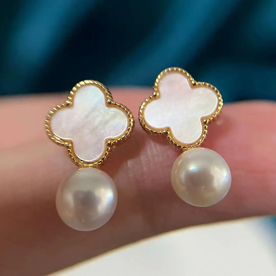 Cute Girl Natural Shell Inlaid Four Leaf Grass Earrings S925 Silver Needle Anti Allergy 6-7MM Natural Freshwater Pearl Earrings