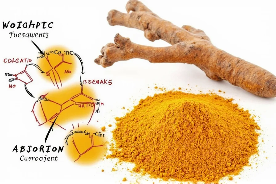 Turmeric root and powder with scientific diagram showing curcumin molecular structure and absorption pathways