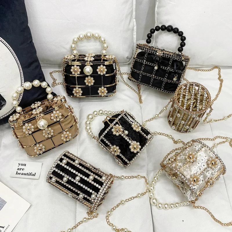 

2021 New Fashion woman pearl handbags Iron birdcage ladies shoulder bags crystal with diamonds crossbody bag women luxury chain, 7 style