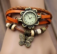 

2019 classic Vintage Quartz Leather Braided Butterfly Charm Lady Watch Women Wrist Watch