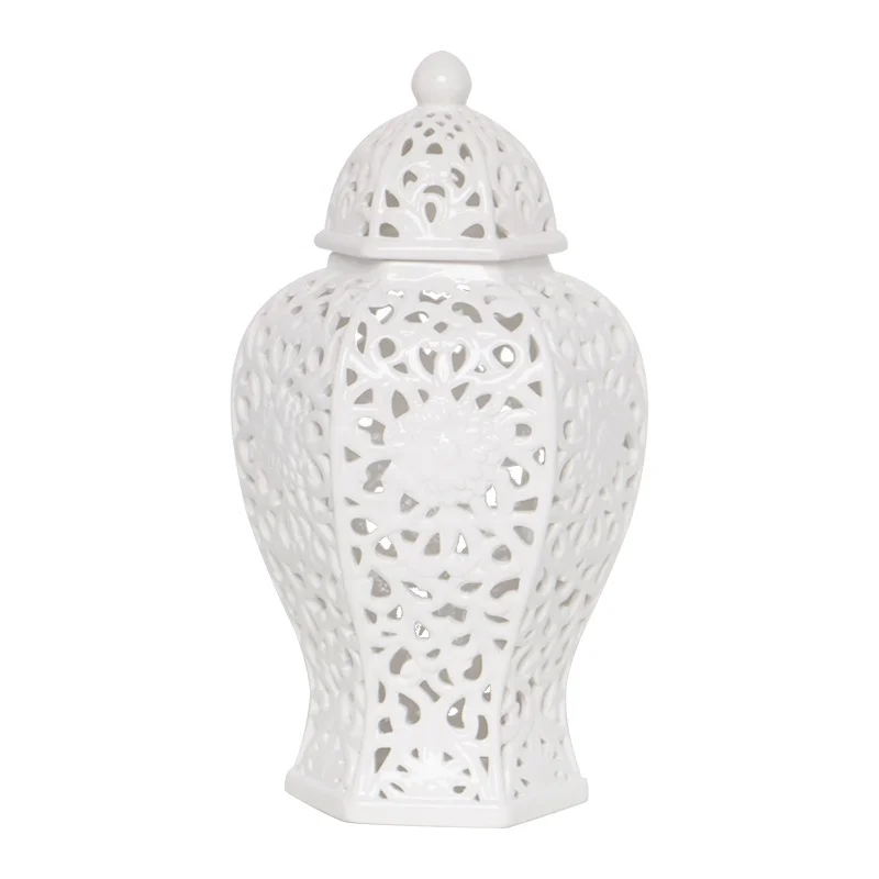

High quality chinese porcelain modern hexagonal hollow out ceramic temple jar for home decor, White
