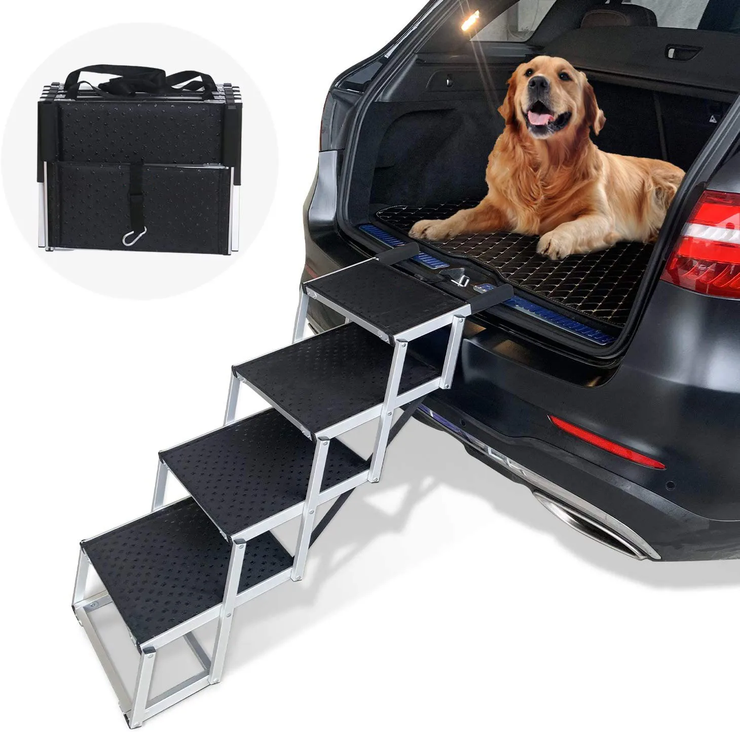 

Canbo Upgraded Aluminum Frame Lightweight Portable Pet Ladder With armrests Large Dog Stairs Foldable for Cars, Trucks and SUV, Black