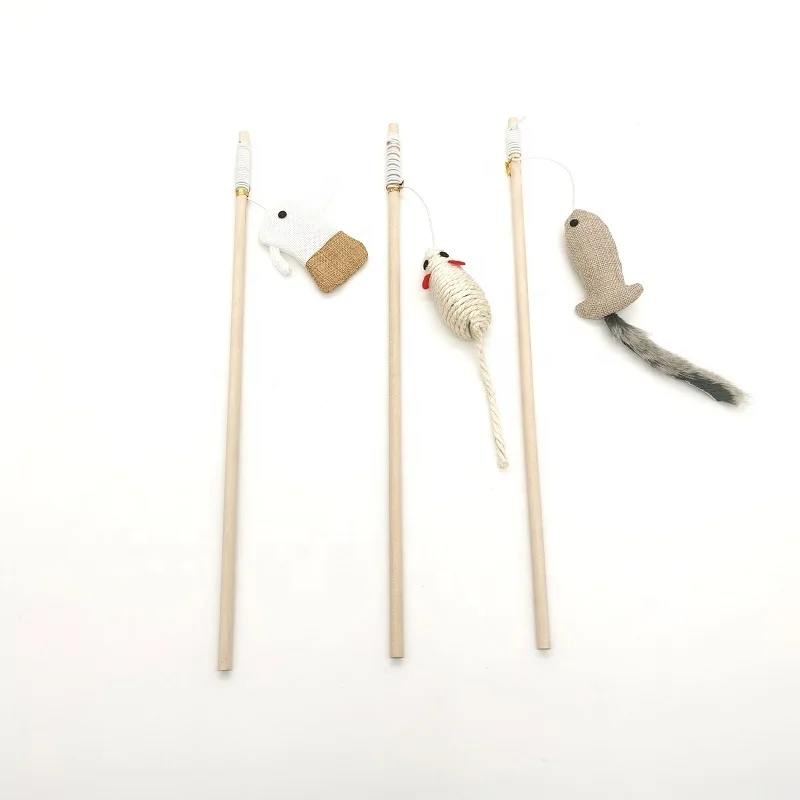 
2 Assorted Hot Sale High Quality Wooden Pole Cat Teaser Stick Toy with Mouse 