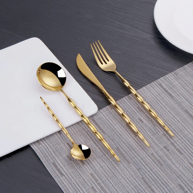 

Bamboo Gold 4pcs Tableware Cutlery Set 304 Stainless Steel Dinnerware Flatware Set Forks Knives Spoon