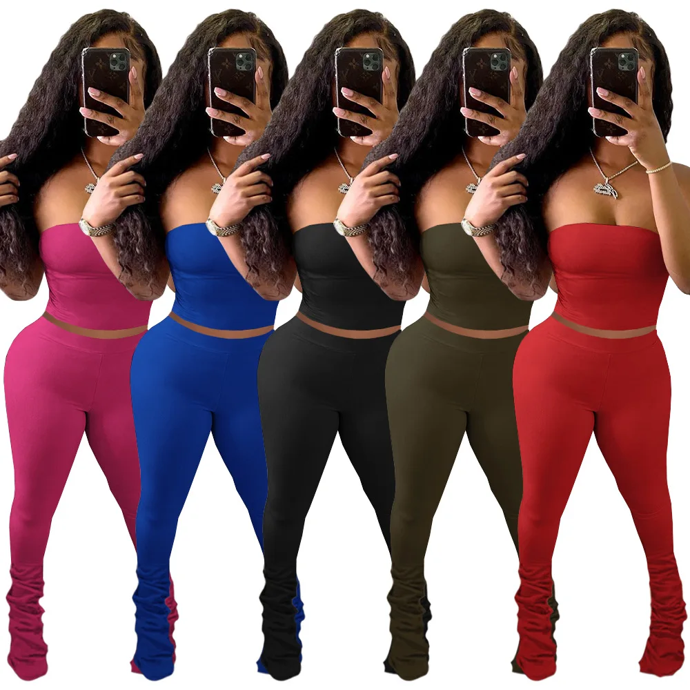 

women new arrivals outfit solid color tube-tops shirring women 2 piece pants set womens two piece outfit yoga legging sets, Red/black/rose red/blue/green