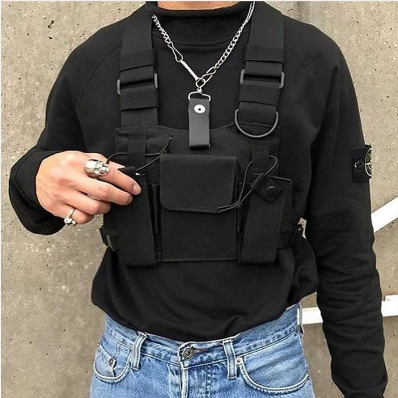 

Fashion Nylon Chest Rig Bag Black Vest Hip Hop Streetwear Functional Tactical Harness Chest Rig Wist Pack Chest Bag, As picture