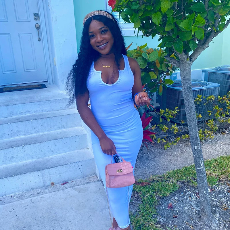 

Solid Ribbed Knitted Dress Women Sleeveless Long Maxi Dress V Neck Bodycon Sexy Party Club Casual 2021 Spring Summer Vestidos, Picture color