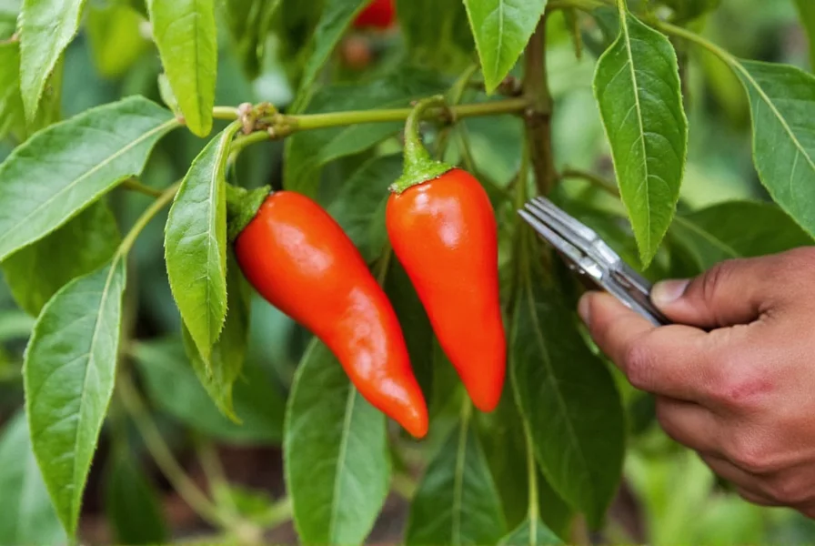 Ripe scotch bonnet peppers on plant with gardening tools