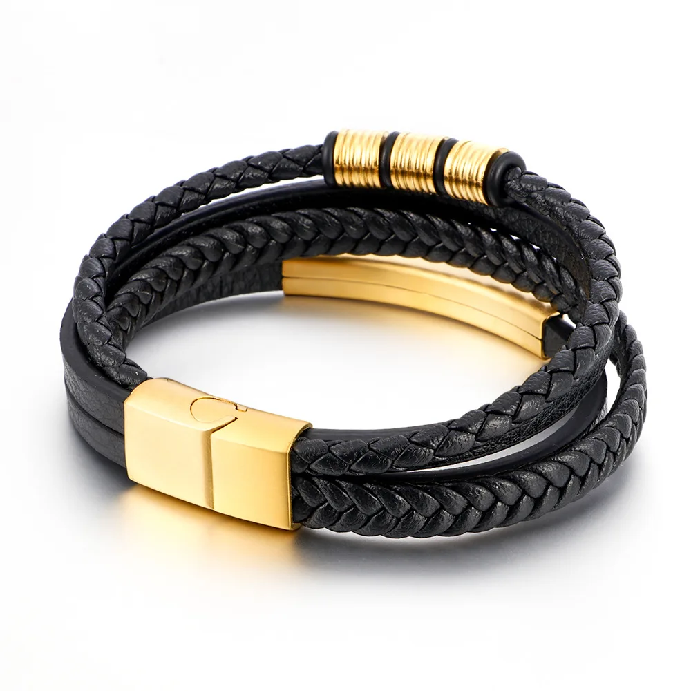 

wholesale bracelets titanium steel magnetic buckles titanium steel woven multi-layer leather stainless steel bracelets