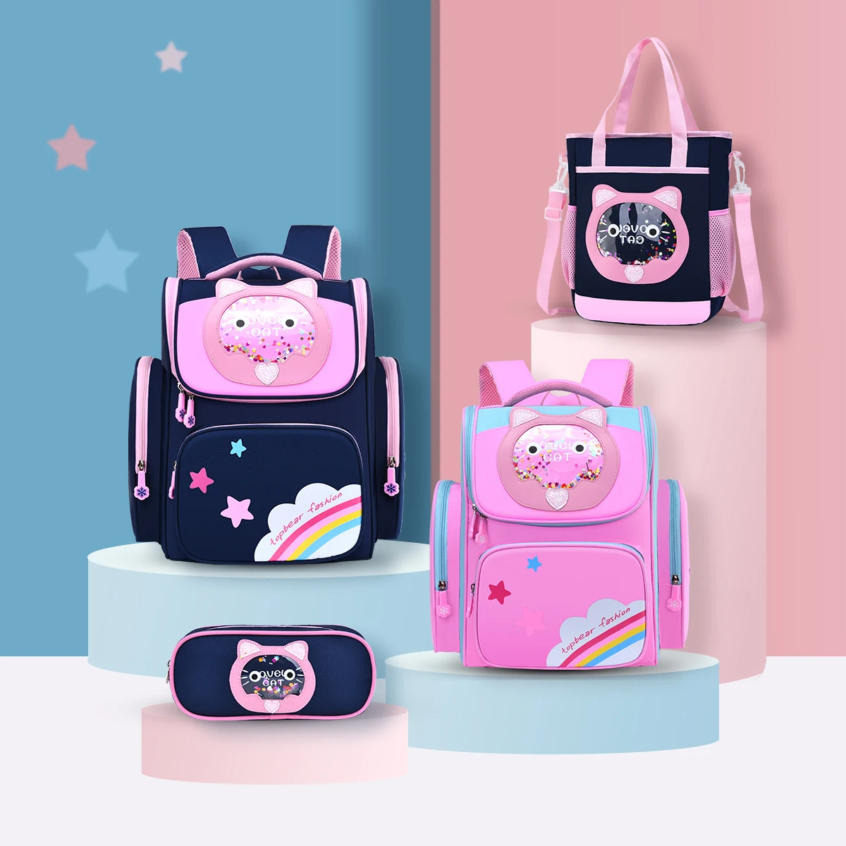 

2021 Hot sale 3 Pieces set Cute cartoon Student shoulders bag back to school bags polyester kids backpack set for girls, Customized color