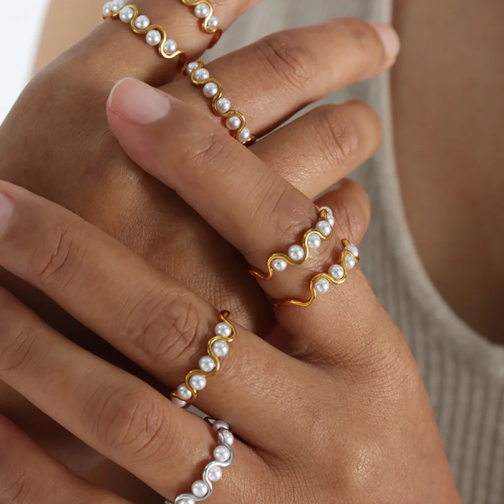 

Fashion Women Jewelry Anillo Con Perlas Open Adjustable Gold Plated Stainless Steel Pearl Ring