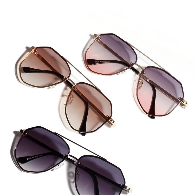 

Newest Rivet Metal Frame Rimless Ladies Shades uv400 Metal Color pink Vintage Mirror Polygonal Oversize Sun Glasses