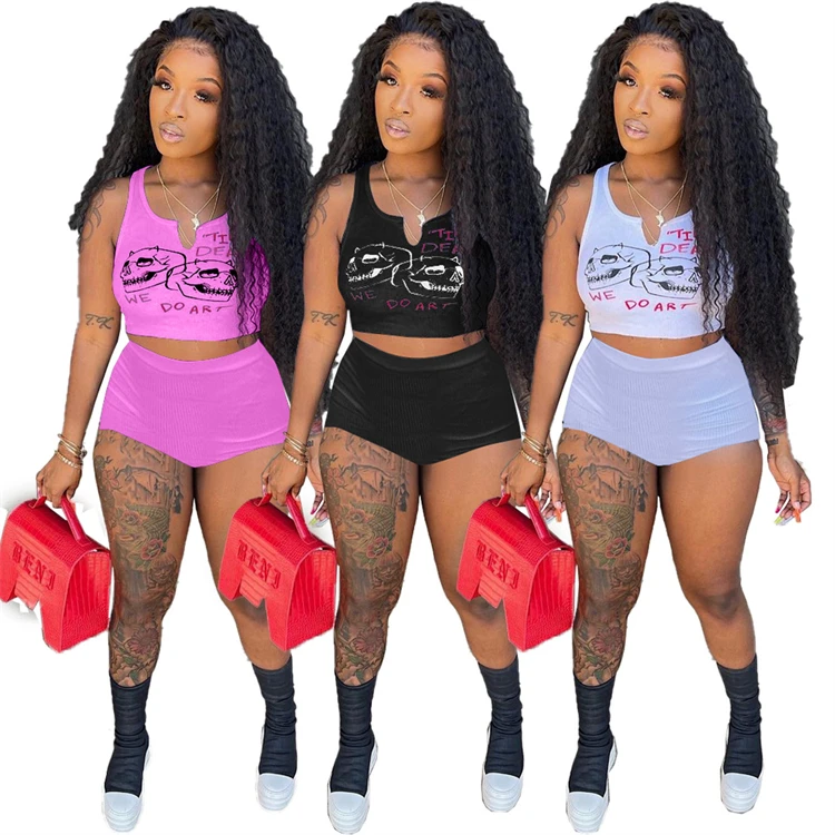 

DUODUOCOLOR New style sexy sleeveless printed vest solid color casual home wear two piece shorts set summer clothing D10151
