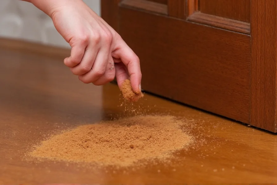 Close-up of hands scattering ground cinnamon across a wooden doorway threshold