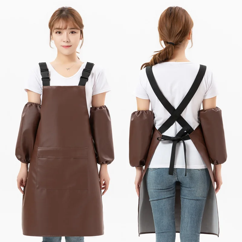 

High Quality European Vintage Leather Kitchen Cooking BBQ Waterproof Apron for Adult, Brown;light grey