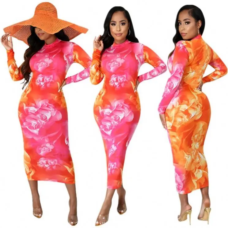 

2020 Fall Fashion Lady Elegant Flower Print Sexy Women Bodycon Long Sleeve Maxi Dresses