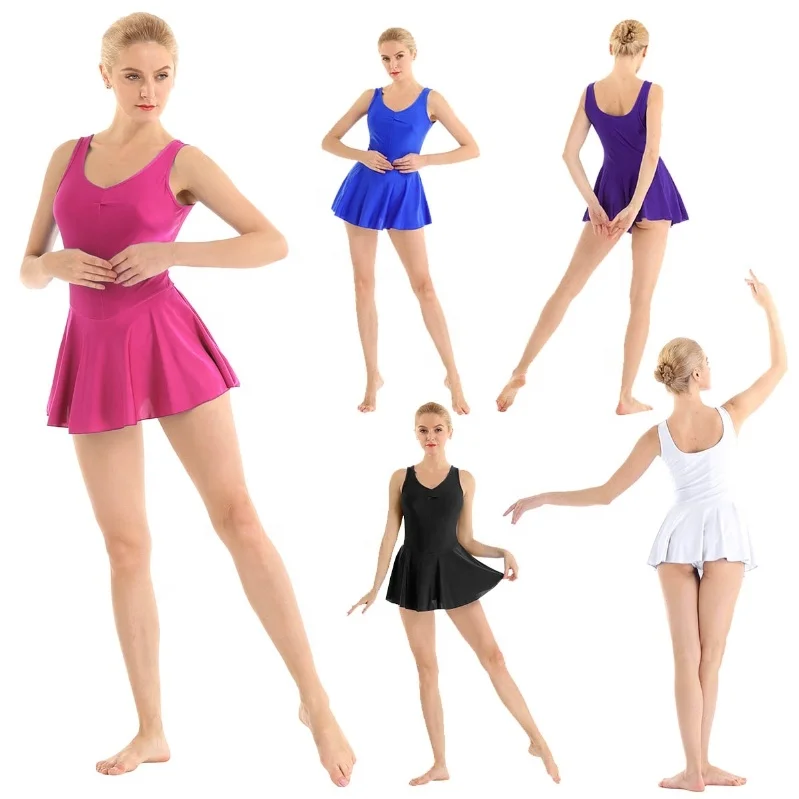 

Women Adult Sleeveless Ruched V-neck Front with Built-in Leotard Solid Color Gymnastics Dress Ballet Dancewear