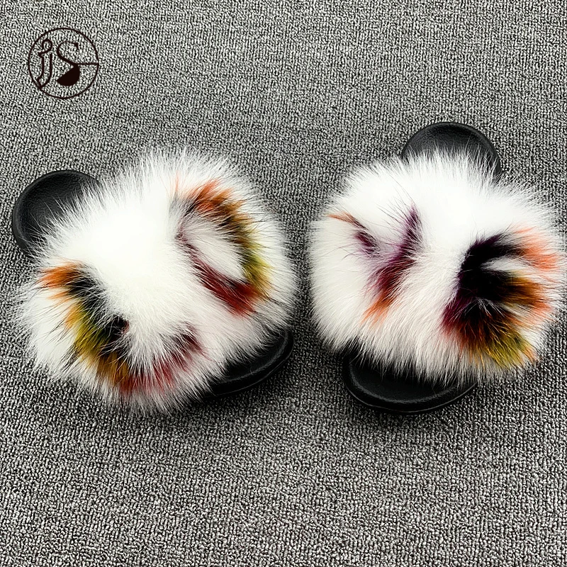 

designer slippers Real raccoon fur slippers 2021 Colorful fur slides custom soft women slippers, Picture