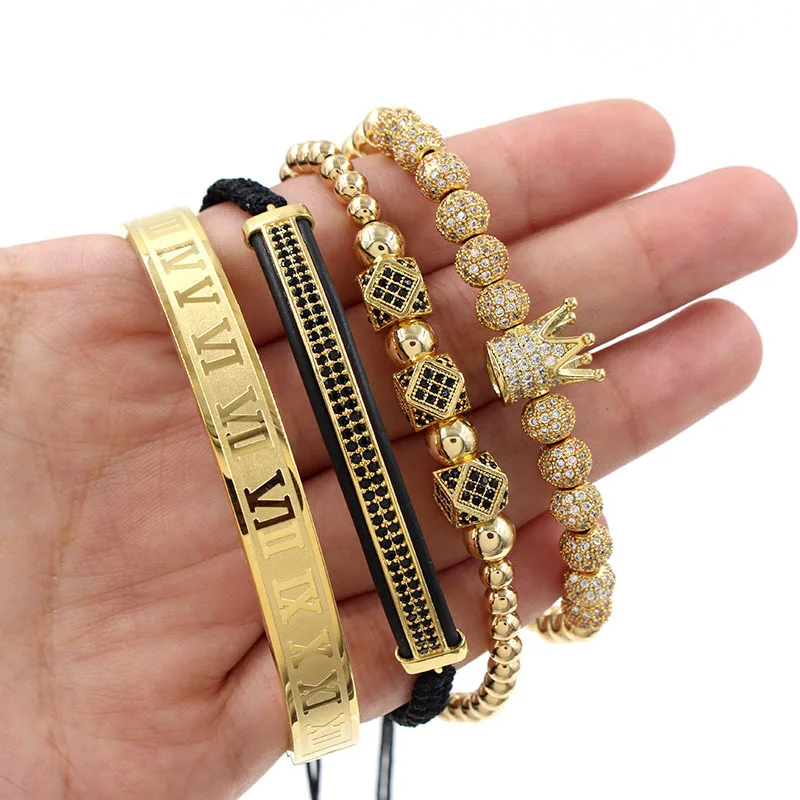 Luxury 4Pcs/Set Men's Gold Crown Bracelet Roman Numerals Engraved Bangle CZ Crown Braided Macrame Bracelet
