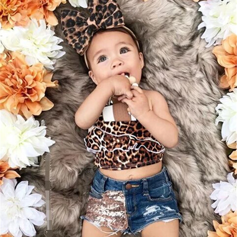 

Children fashion leopard pattern summer clothes sets 3pcs girls clothing outfits baby girl clothes set with headband, White