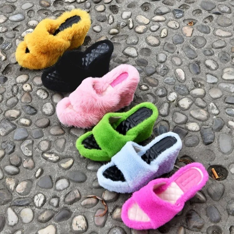 

Fall 2021 Women Jelly High Heels Casual Shoes Flip Flops Plush Wedges Sandals Women's Pumps High Heel Women Dress Faux Fur Shoes
