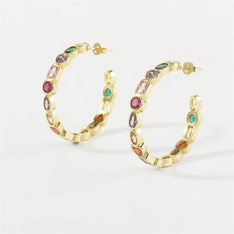 

Wholesale New Arrival 18K PVD Gold Plated C Shape Colorful Geometry Love Diamond Hoop Earrings For Girls