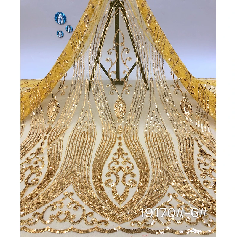 

2021 New Arrivals Africa Wedding Yellow Shiny Tulle Sequins Heavy Fully Beaded Lace Fabric Bridal H19170, 9 colors or customized