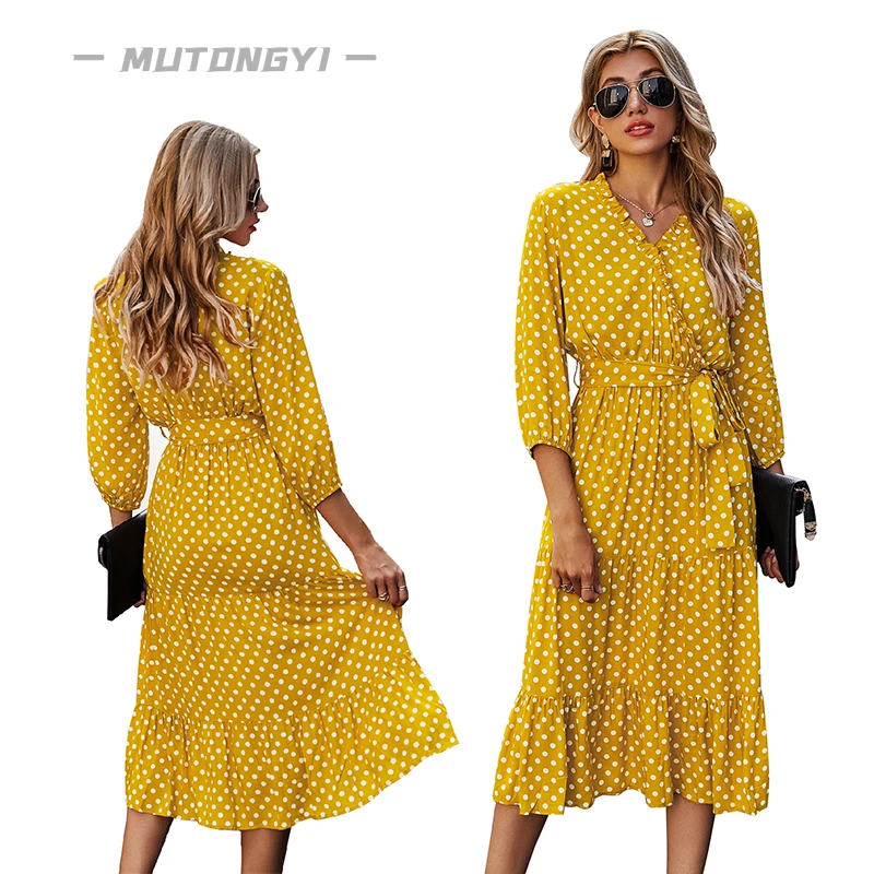 

2021 Sexy Dress Skirt Summer Classic Polka Dot Women Dresses Elegant V Collar Woman Dress