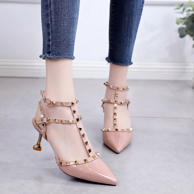 

DEleventh Shoes Woman Punk Style Sandals Sexy Patent Leather Fashion Rivet Pointy Toe Stiletto High Heel Party Shoes Yellow Pink