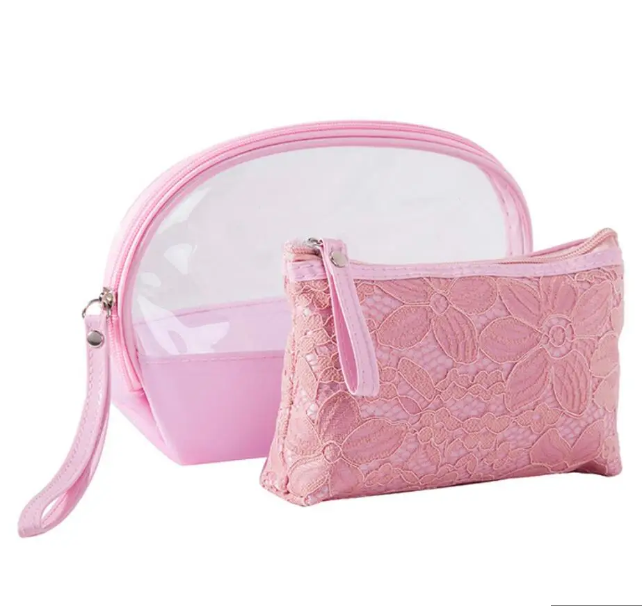 

wholesale cute lady women kids 2 piece make up pouch cosmetic bag with lace, 4 colors can choose