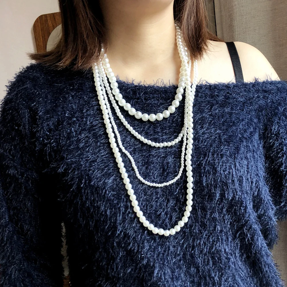 

vintage multi-layered pearl statement necklace for female long necklace bohemian exaggerated sweater chain jewelry (KNK5262), Silver, gold