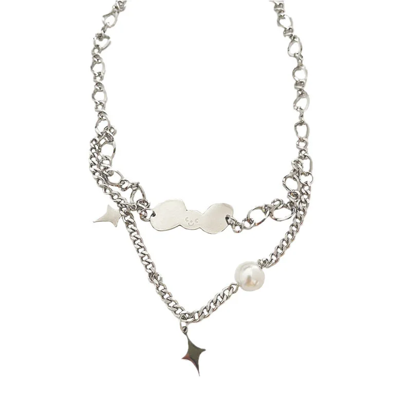 

Stainless Steel Double Layer Stitching Clavicle Chain Star Cartoon Cloud Pendant Necklace For Women, As picture