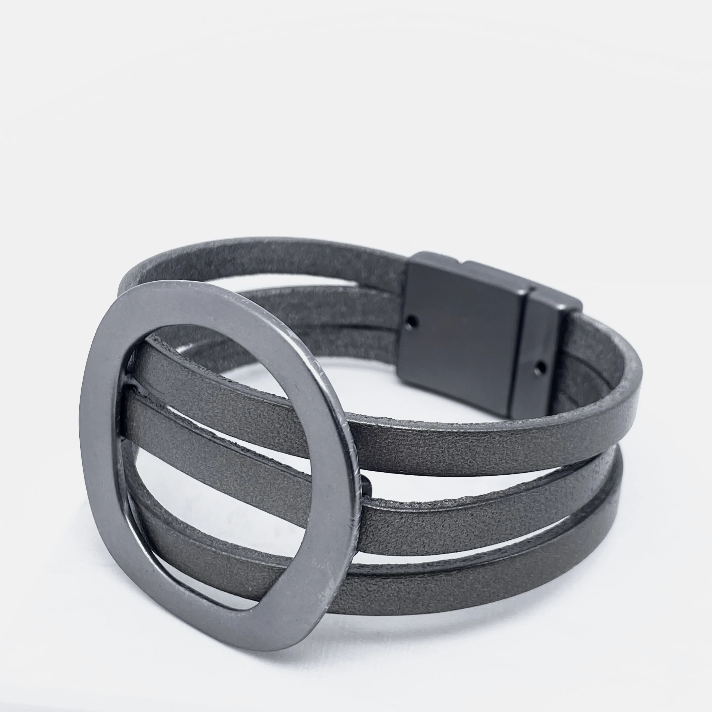 

Simple Design Round Shape Dark Grey Leather Lock Bracelet French Style Wristband