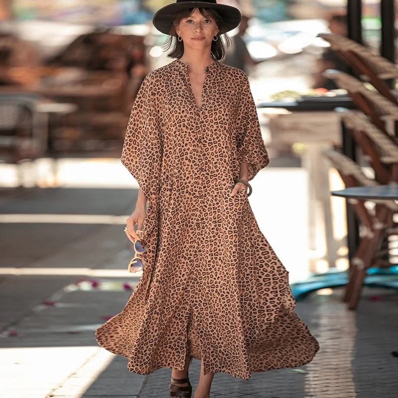 

Leopard Prin Loose Kaftan Swimsuit Covers Casual Caftan Dress Bathing Suit Cover Up Print Kaftan Beach Maxi Dresses, Customized colors