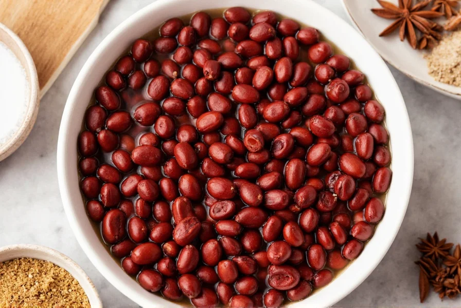 Close-up of dried kidney beans soaking in clear water with spices around the bowl